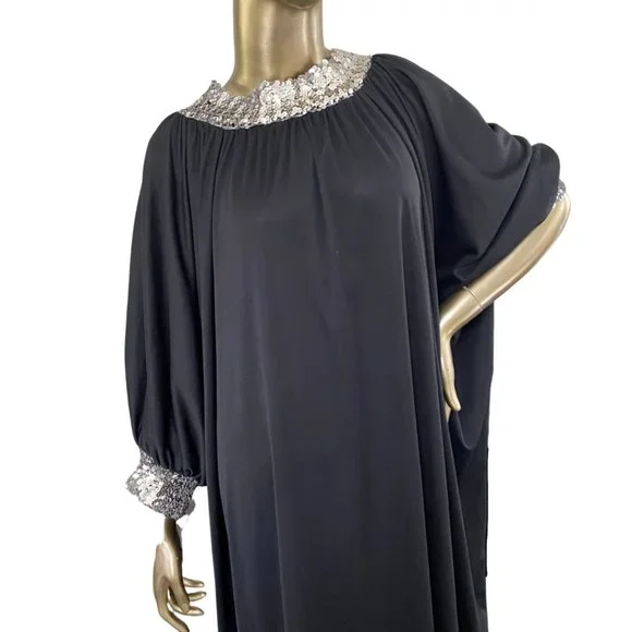 Vintage GLAM 70s Caftan Sequin Trimmed Maxi Dress 1970s Lounge Wear S-M-L - Picture 5 of 11